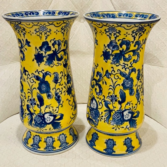 Vintage Chinoiserie Blue & Yellow Vase-ONE
